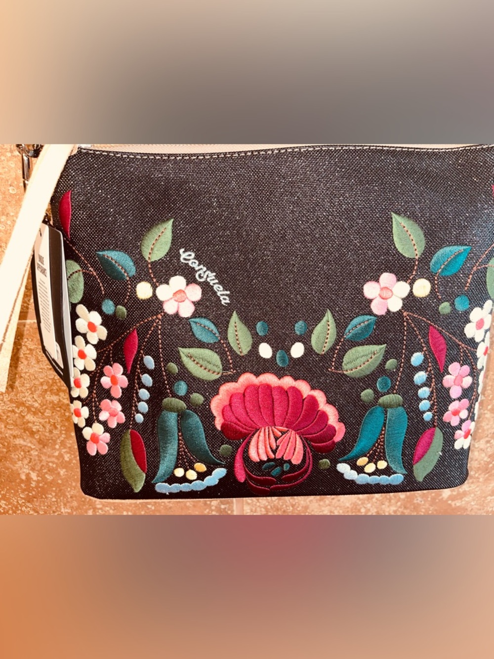 Consuela Downtown Crossbody Ava Black Floral Appliqué with Multicolor Strap NWT - Picture 2 of 7